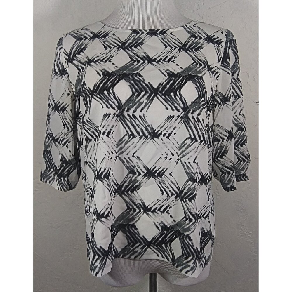 DKNY Top Small Geometric Multicolor Abstract Short Sleeve Back Zipper